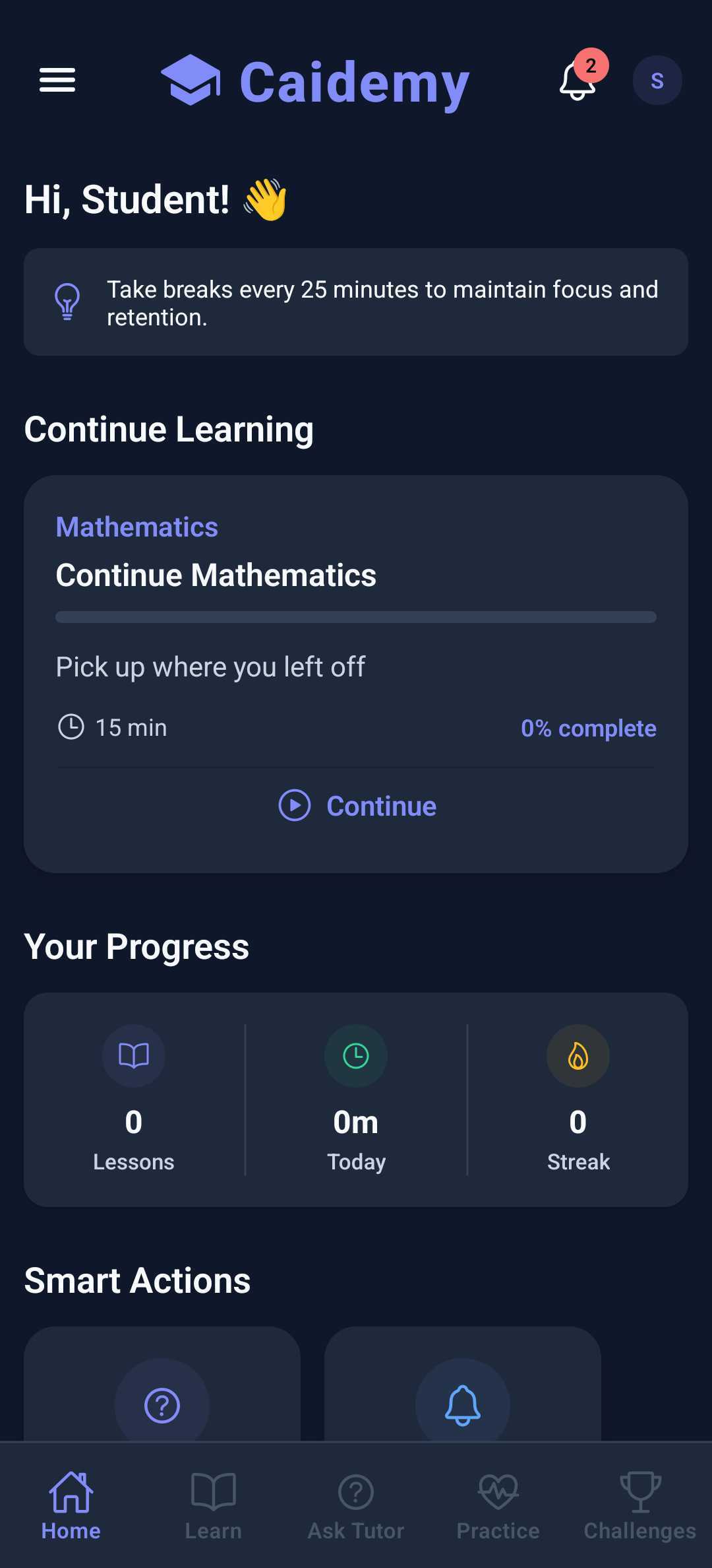 Caidemy mobile app dashboard showing learning progress and smart actions
